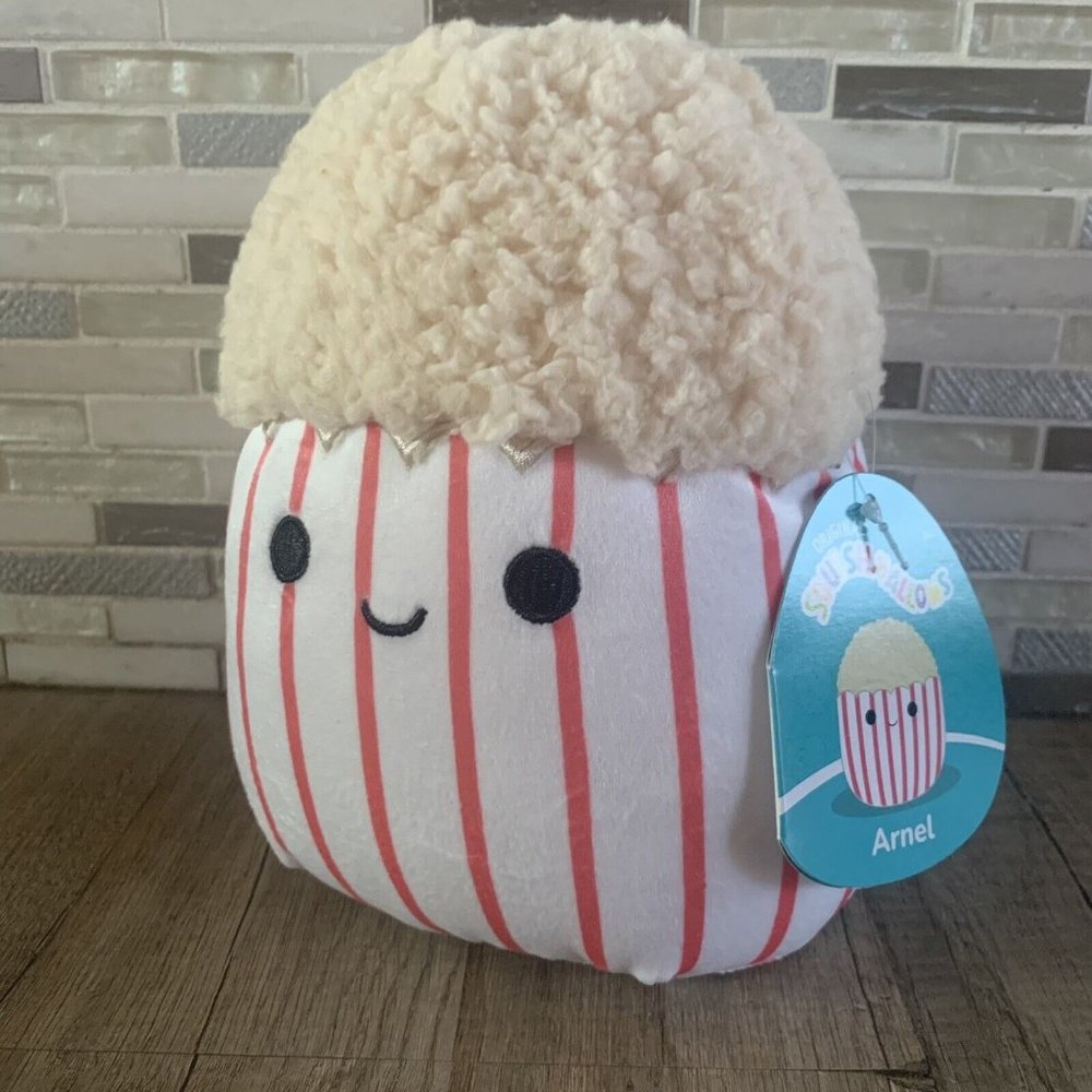 NEW Squishmallow 8" Arnel the Red and White Striped Bucket Popcorn Plush